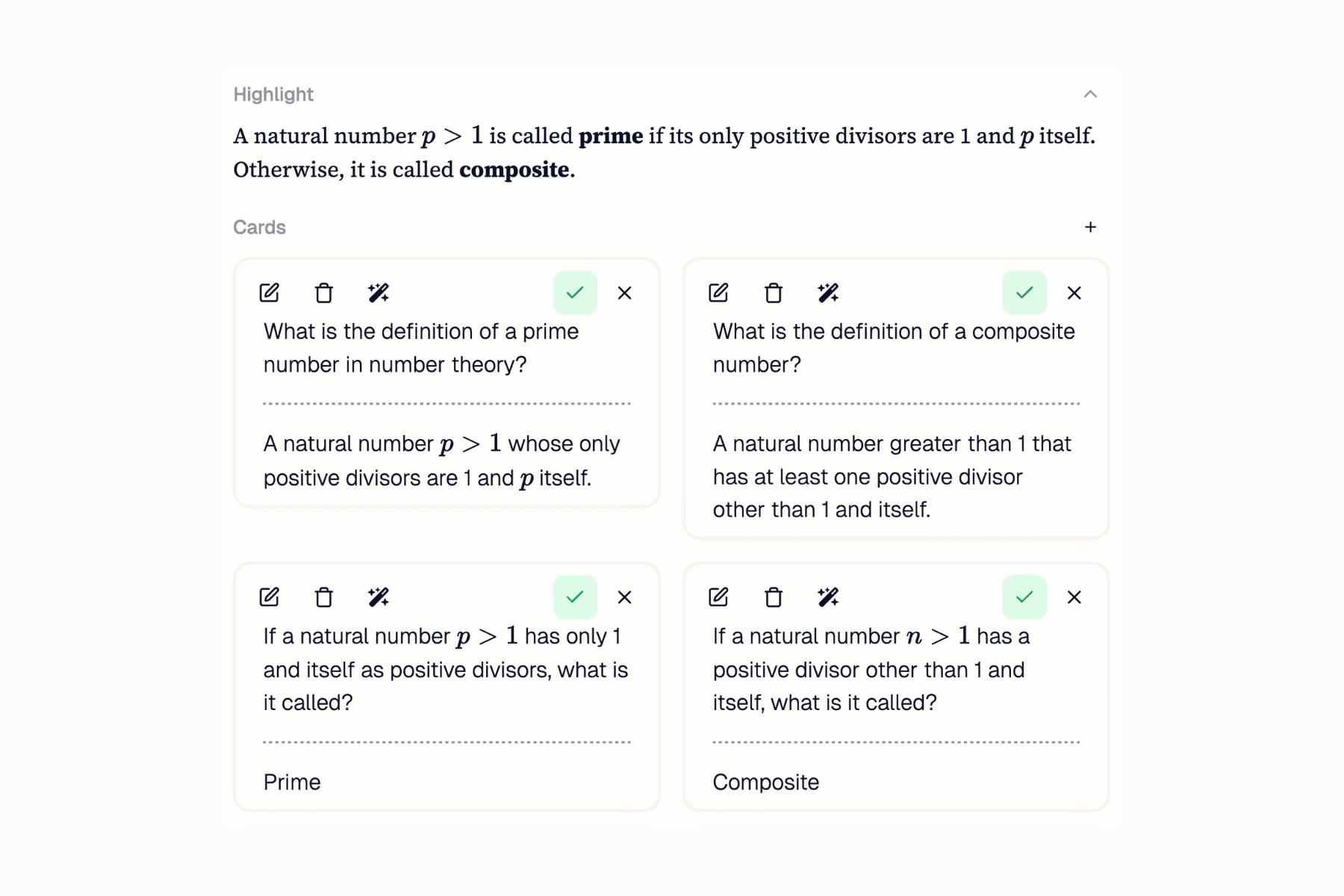 Example of flashcards for highlights