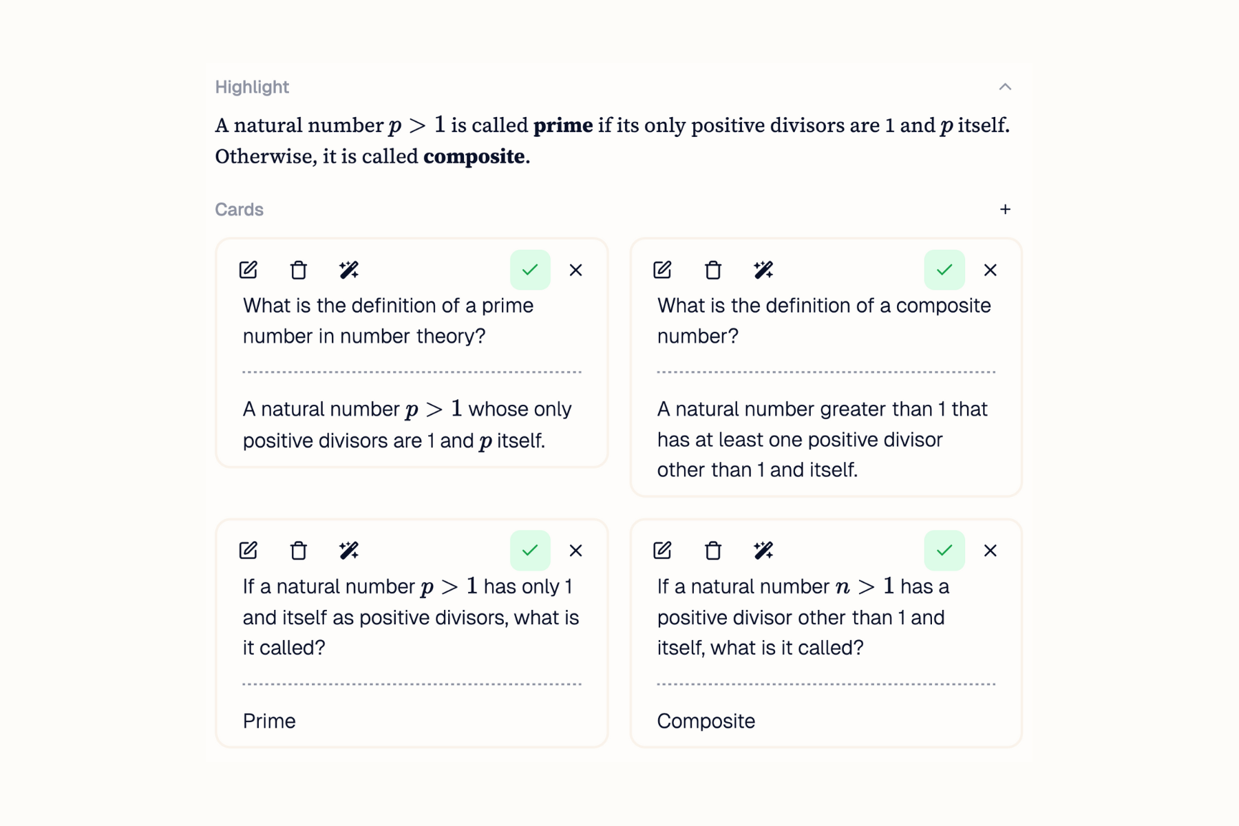 Example of flashcards for highlights