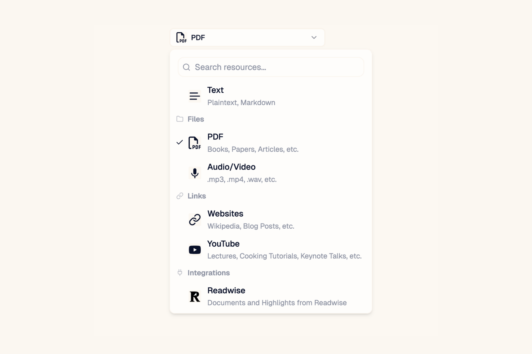 Upload form, showing support for Readwise, PDFs, Youtube and more.